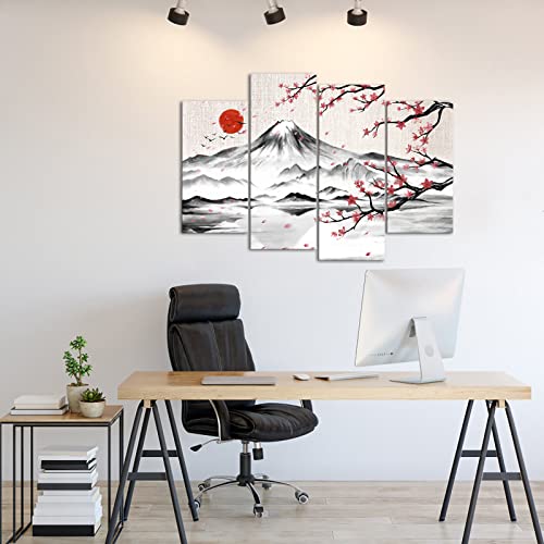 Lyerartork 4 Panel Japanese Ink Painting Wall Art Mount Fuji With Moon Pictures Wall Decor Cherry Blossom Canvas Print Japan Traditional Artwork For Living Room Bedroom Decoration thumb #1