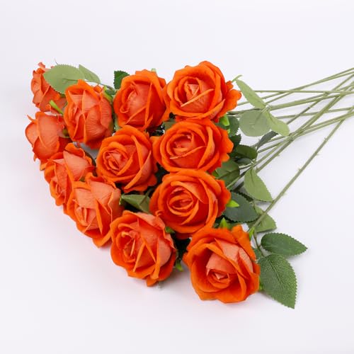 Solivya 12 Pcs Artificial Rose Flowers Silk Roses with Long Stems Realistic Fake Roses for Wedding Centerpiece Party Home and Office DIY Decor Orange