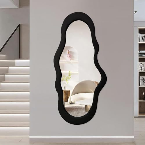 BST FURNH Black Cloud Shaped Wall Mirror 44x21 Inch - Fabric Wrapped Irregular...