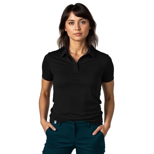 ALPIN LOACKER Coolmax Merino Shirt Damen Kurzarm 150 g/m2 I atmungsaktives Funktionsshirt schnelltrocknend und kühlend I Merinowolle Tshirt und Thermooberteil Polo Schwarz L
