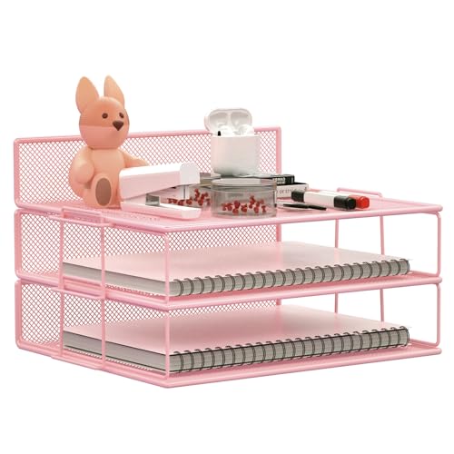 LUCYCAZ Stackable Paper Tray - Pink Desk Organizer, 2 Tier Paper Tray Letter Tray, 3 Trays Metal Paper Organizer for desk, File Organizer for School Home and Office