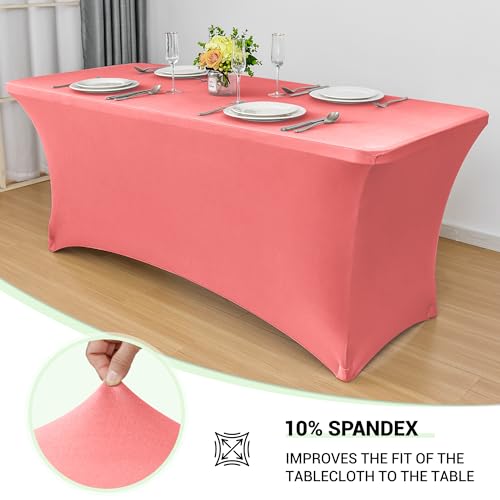 Image of Obstal 6ft Stretch Spandex Table Cover for Standard Folding Tables - Universal Rectangular Fitted Tablecloth Protector for Wedding, Banquet and Party, 72L x 30W x 30H Inches, Coral Red, 2pc