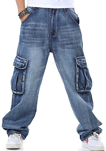 Ruiatoo Men's Jeans Denim Work Cargo Pants Outdoor Loose Hip Hop Big & Tall Jeans with Cargo Pockets