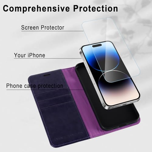 Image of MONASAY Vegan Leather Fit for iPhone 14-Pro 5G Wallet Case, 6.1-inch, [Glass Screen Protector Included] [RFID Blocking] Flip Folio Phone Cover with Credit Card Holder,Purple