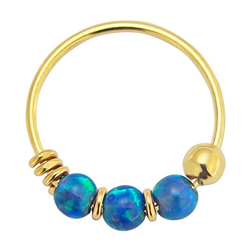 Piercingpoint 9Kt Solid Yellow Gold Triple Blue Opal Stone 22 Gauge (0.6Mm) - 5/16 Inch (8Mm) Length Hoop Nose Ring #TOP2