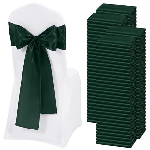 REWOMC 120 PCS Emerald Green Satin Chair Sashes, Ties Bows Designed Chairs Decorative, Chair Cover Sashes for Thanksgiving Wedding Christmas Banquet Party Home Kitchen Decoration (7 x 108 inch)