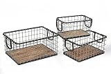 Set of 3 Rectangular Sturdy Hand Welded Farmhouse Metal Wire Basket with Rustic Wooden Bottom For Shelves, Closet Storage Bins for Shelves. Also For Laundry, Towel, Spice Rack, Tool Box (SET OF 3)