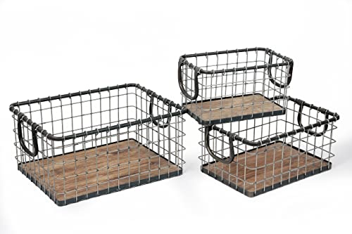 Set of 3 Rectangular Sturdy Hand Welded Farmhouse Metal Wire Basket with Rustic Wooden Bottom For Shelves, Closet Storage Bins for Shelves. Also For Laundry, Towel, Spice Rack, Tool Box (SET OF 3) by Generic - Used condition - US$45.23