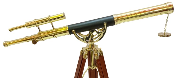 Maritime Brass Polish Double Barrel Designer Telescope With Wooden Tripod Floor Standing Telescopic Tripods By Antique Collectible