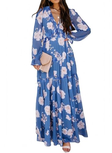 Image of BLENCOT Womens Casual Boho Floral Printed V Neck Long Sleeve Long Maxi Dress Spring Summer Dresses
