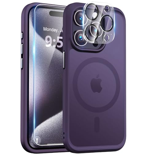 Image of BossKiss Compatible with iPhone 15 Pro Case, [Compatible with Magsafe] [Screen+Camera Protector] Magnetic Translucent Matte Women Men Girl Protective Cover for iPhone 15 Pro 6.1 inch, Deep Purple