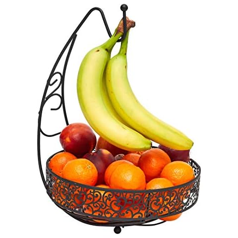 Totally Kitchen Fruit Basket with Banana Tree Hanger | Round Metal Fruit Storage Bowl | Matte Black Cover