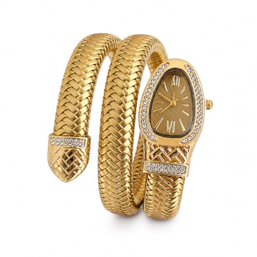 Image of Snake Wrap Watch for Women | Gold Plated Stainless Steel Bracelet Watch | Brown Leather Strap | Quartz Analog | Crystal Accent Dial