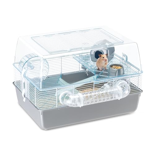 Ferplast Jaula de plástico para hámsteres DUNA FUN de tres pisos, Tapa transparente con rejilla de ventilación, Tubos y accesorios incluidos, Alambre pintado Blanco y plástico, 55 x 47 x h 37.5 cm, Azul (8010690075778)