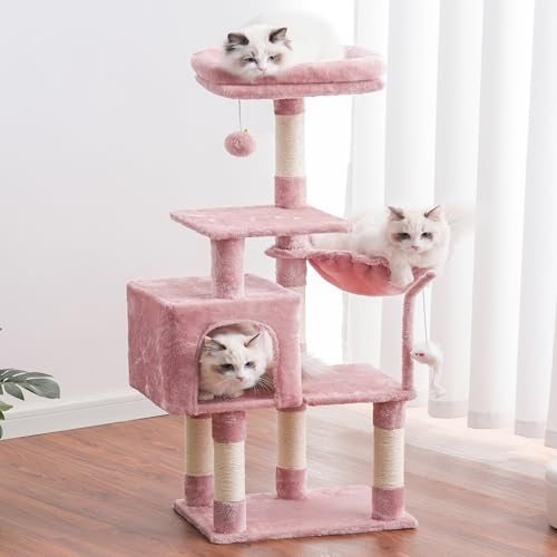 Image of Heybly Cat Tree with Toy, 43.3 inch Cat Tower condo for Indoor Cats, Cat House with Padded Plush Perch, Cozy Hammock and Sisal Scratching Posts, Skin Pink HCT004SP