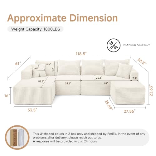 Image of 118 inch U-Shaped Modular Sectional Sofa, Corduroy Cloud Couch with Chaise & Ottoman, Oversized Deep Seat Boneless Couches for Living Room, No Need Assembly - Beige (Left Facing Chaise)