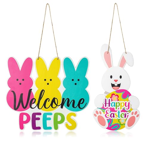 L1rabe-Easter-Welcome-Door-Signs-2Pcs-Welcome-Peeps-Easter-Bunny-Wooden-Front-Hanging-Door-Sign-Decorations-Spring-Colorful-Rabbit-Indoor-Outdoor-Farmhouse-Porch-Wall-Fireplace-Decor-Spring-Gifts L1rabe Easter Welcome Door Signs 2Pcs Welcome Peeps Easter Bunny Wooden Front Hanging Door Sign Decorations Spring Colorful Rabbit Indoor Outdoor Farmhouse Porch Wall Fireplace Decor Spring Gifts