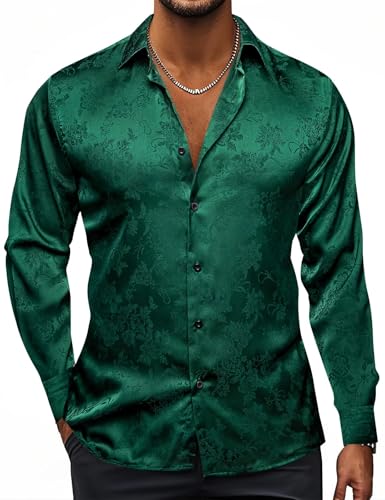 Image of Hi-Tie Men's Silk Satin Dress Shirts Long Sleeve Shiny Casual Button Up Shirts Luxury Party Disco Prom Wedding Shirt