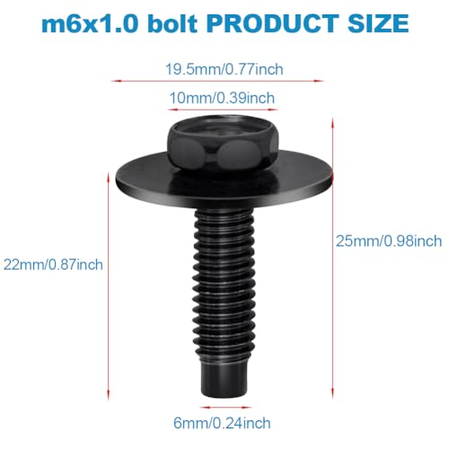 Image of 25pcs M6-1.0 Hex Head Body Bolts Bumper Fender Splash Shield Under Cover Hood,m6 Bolt,hex Bolts,10mm Bolt,20mm Washer