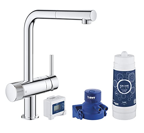 GROHE Robinet de cuisine avec système de filtration complet Blue Pure Minta, filtre charbon actif, goût premium, bec en forme de L, finition chromée, 30382000 (Import Allemagne)