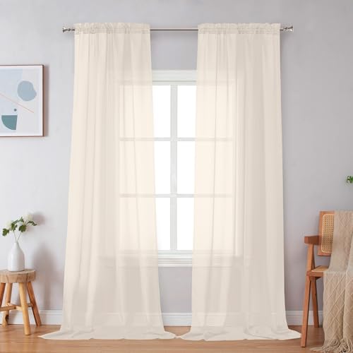 Image of Simplebrand Cream Sheer Curtains 96 Inches Long 2 Panels, Light Filtering Rod Pocket Solid Color Window Sheer Curtain Panels, Elegant Curtains & Drapes for Living Room, Bedroom, 42 inch W x 96 inch L
