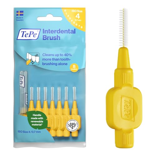 TePe Interdental Brush Original Yellow 0.7mm/ISO 4 8pcs efficient Cleaning Between Teeth Plaque Remover and Dental flosser for Small Gaps