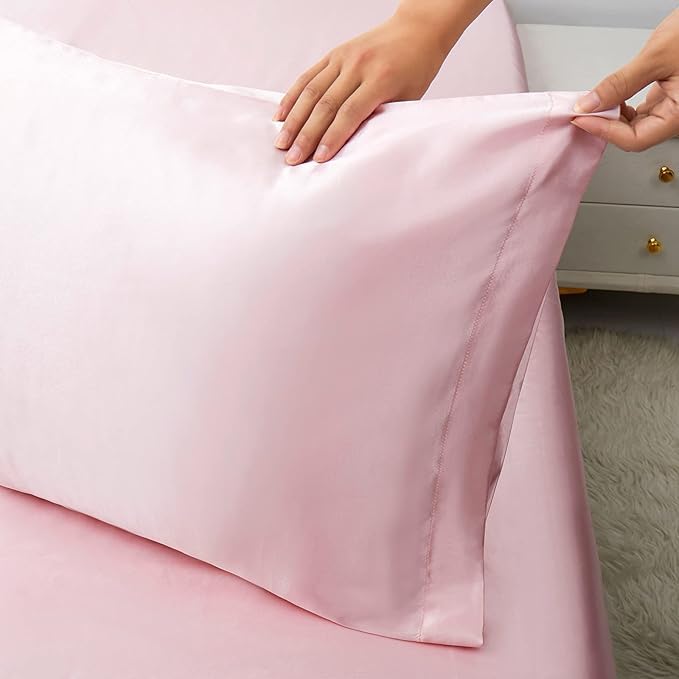 Image of RAGGLE Satin Silk Pillowcase for Hair and Skin Standard Size 18 inchX 28 inch with Soft Breathable Smooth Cooling Pillow Covers for Sleeping or Pillow Protector (2, Pink)