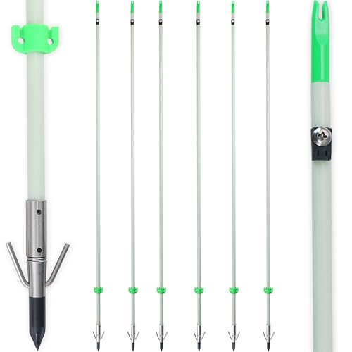BOWSOUL 34inch Bowfishing Arrows Luminous with Broadheads and Safty Slides for Compound Bow&Recurve Bow Fishing Arrow Archery Hunting (Pack of 6) (White)