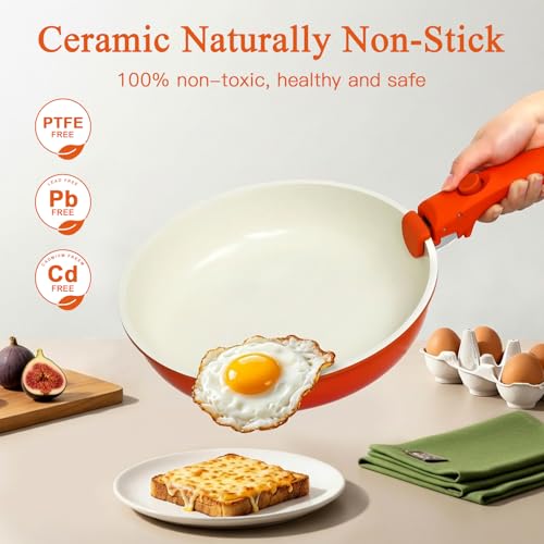 طقم اواني ومقالي من 5 قطع من جي اي بي بي، طقم اواني طهي غير لاصقة بمقبض قابل للفصل، اواني طهي مطلية بالسيراميك غير لاصقة مع مقبض قابل للازالة، مجموعة اواني طهي ار في، برتقالي متدرج