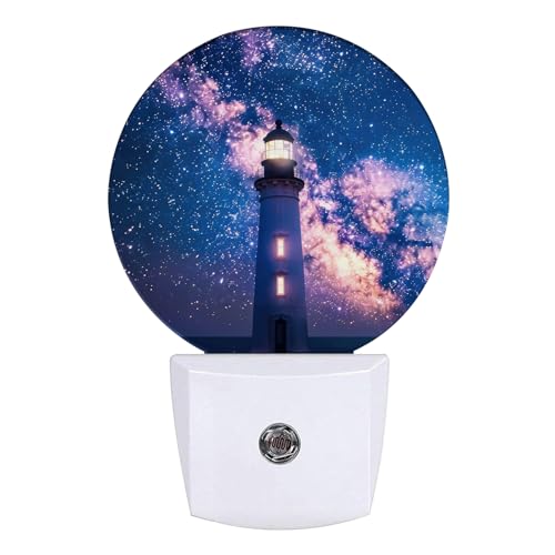 Image of Nautical Lighthouse Night Light Starry Sky Night Lights LED Lamp Round Plug into Wall Nightlight with Dusk to Dawn Sensor Home Hallway Stairway Kitchen Decor