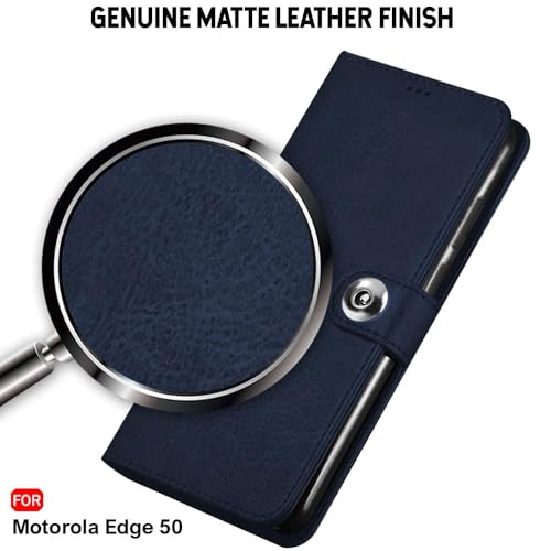 Image of TheGiftKart Flip Cover Back Case for Motorola Moto Edge 50 5G | Genuine Leather Finish | Designer Button | Inbuilt Pockets & Stand | Wallet Style Flip Case Cover for Moto Edge 50 (Faux Leather, Blue)