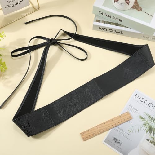 Black Wide Thin Elastic Pu Leather Corset Self Tie Waist Strap Obi Style Cinch Strap Sash Belt Bow Knot Wrap Around Belts for Women s Ladies Dresses Party Special Occasion Formal Prom3