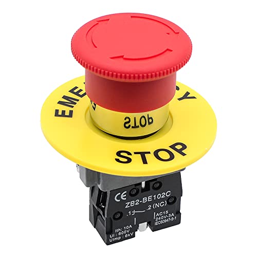 OELFFOW 1Pack Red Mushroom Head Emergency Stop Push Button Switch Press Self-Locking Clockwise Rotation Reset 1NC Switch with A Warning Ring Ith: 10A Ui: 600V Uimp: 6kV AC15 240V-3A CE