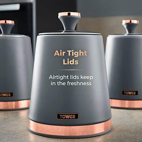 Tower T826131GRY Cavaletto Set of 3 Storage Canisters for Tea/Coffee/Sugar, Steel, Grey and Rose Gold