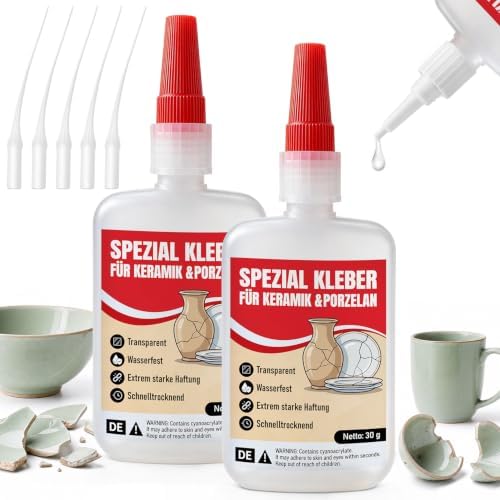 Keramik & Porzellan Kleber Extra Stark Wasserfest – 2 Flaschen, je 30g | Porzellankleber mit Anti-Verstopfungskappe, Hitzebeständig & Spülmaschinenfest, Transparent Wasserfest für