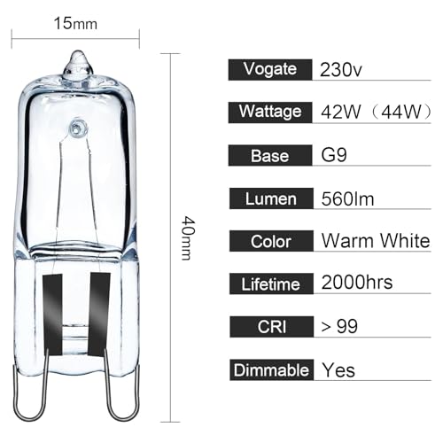 Comyan G9 Halogen Bulbs 230V 42W (44W) 2800K Warm White 590lm Clear G9 Capsule Bulb Dimmable, 10Pack