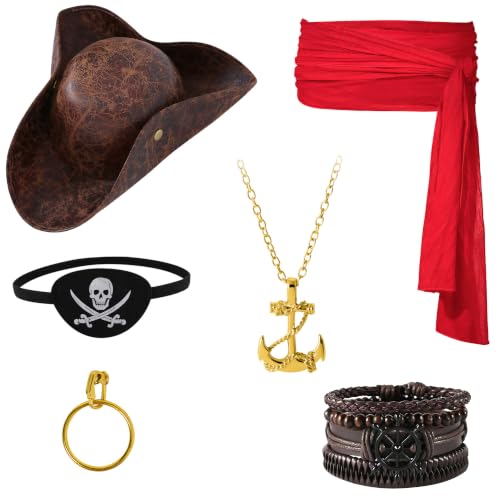 6 PCS Pirate Costume Accessories Set with Pirate Hat Sash for Women Men