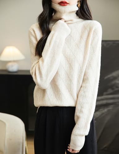 Women's 100% Merino Wool Sweater 2025 Fall Winter Fashion Turtleneck Warm Long Sleeve Cable Knit Sweater Tops3