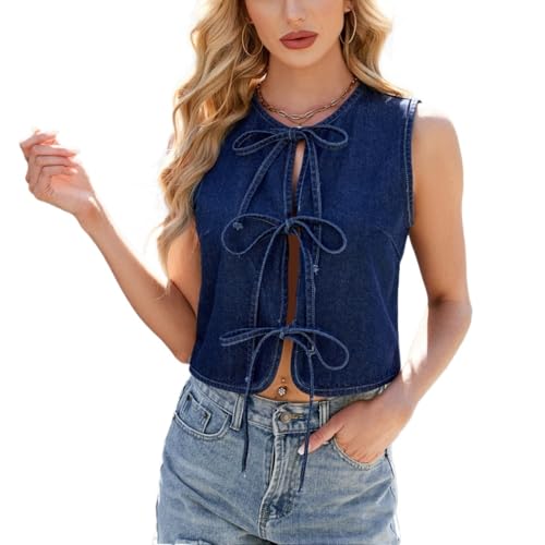 Denim Vest Sleeveless Crewneck Bows Tie Front Crop Top Y2K Summer Jean Vintage Fashion Western Cowgirl Jacket