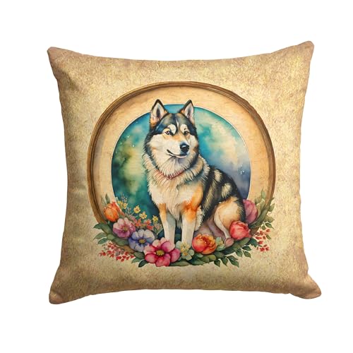 Caroline's Treasures DAC2076PW1414 Alaskan Malamute and Flowers Fabric Decorative Pillow Machine Washable, Indoor Outdoor Decorative Pillow for Couch, Bed or Patio, 14Hx14W