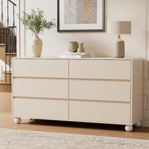 Image of Furniway Modern 6 Drawer Dresser for Bedroom, Beige Dresser with Curved Profile Design, Minimalist Wood Chest of Drawers for Bedroom, Living Room, Hallway Entryway