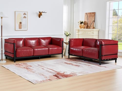Image of 2 Piece Living Room Sofa set, Mid-Century Modern Upholstered Couch Faux Leather Sofa Couch with Iron Frame and Upholstered Armrest Backrest Cushion for Living Room, Office, Apartment (Burgundy)