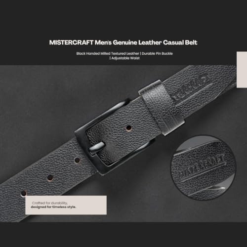 Image of MISTERCRAFT Men's Genuine Leather Casual Belt |Black Handed Milled Textured | Durable Pin Buckle | Adjustable Waist | Ideal for Jeans, Chinos & Formal Wear | Gift for Men