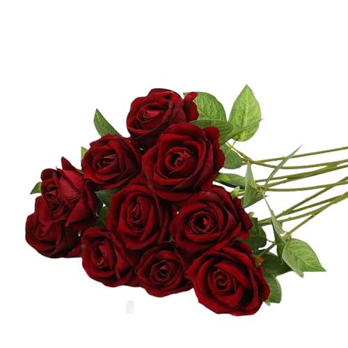 10 PCS Red Artificial Roses, Single Stem Fake Red Roses Silk Flowers, Bridal Wedding Bouquet Realistic Flower for Home Garden Party Arrangment Garden Decoration