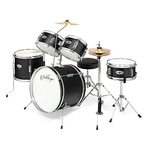 Ashthorpe 5-Piece Complete Junior Drum Set with Genuine Brass Cymbals - Advanced Beginner Kit with 16" Bass, Adjustable Throne, Cymbals, Hi-Hats, Pedals & Drumsticks - Black