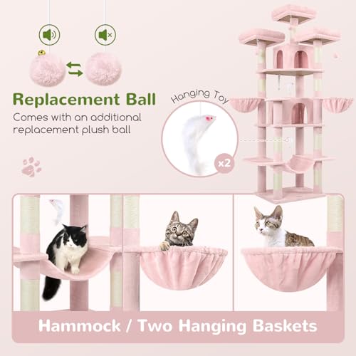 Image of Globlazer Big Pink Cat Tower for Indoor Cats, 80inch Cat Tower for Multiple Adult Cats XXL Cat Tree with Scratching Post, Hammock, 3 Perches, 2 Condos, 2 Hanging Basket, F80, Pink