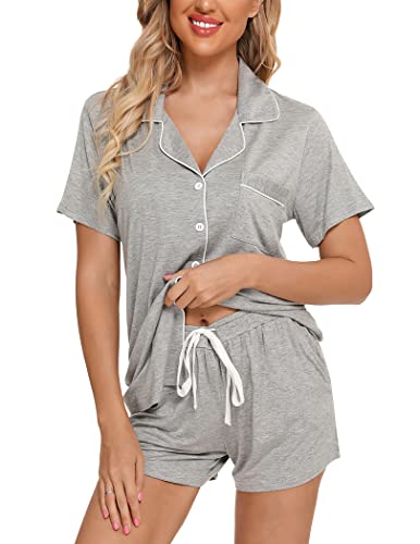 Image of Pjmlifecoco Women's Modal Pajama Set Short Sleeve Button Down Two Piece Soft Sleepwear with Shorts Loungewear S-XXL