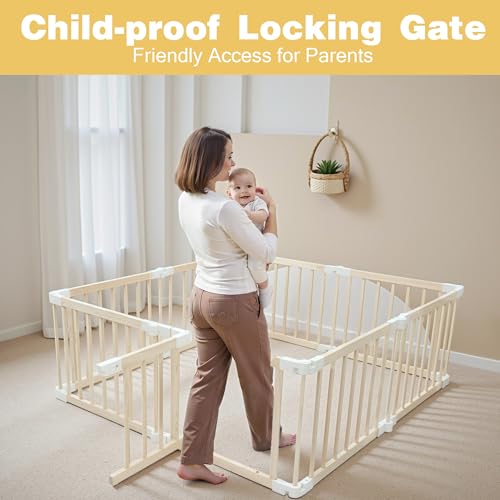 Image of Foldable Wooden Playpen for Babies and Toddlers, Baby Play Pen with Gate, Portable Baby Fence Indoor Activity Center, Adjustable Size & Shape, 51 inchx 51 inch, 8 Panels