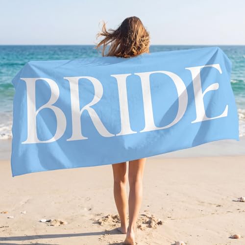 CrystalSylara Blue Bride Beach Towel for Bachelorette Party Decor Coquette Beach Towel for Bride to Be Bridal Shower Gift 30 x 60 Inch Quick Dry Sand Free Blanket Honeymoon Engagement Supply