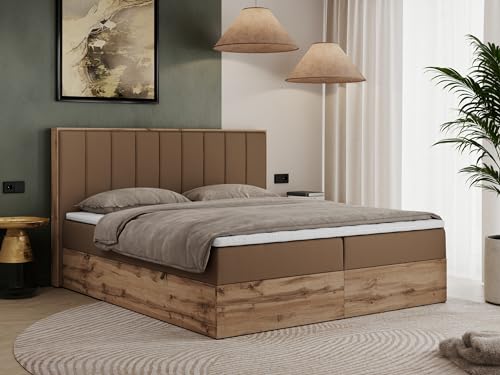 MKS MEBLE Boxspringbett 160x200 cm mit Bettkasten Eiche, Polsterbett mit Matratze H4 und Topper T25, Bett mit Kopfteil, Bett mit Holzrahmen in Wotan Eiche - Braun Kunstleder - Bellissimo